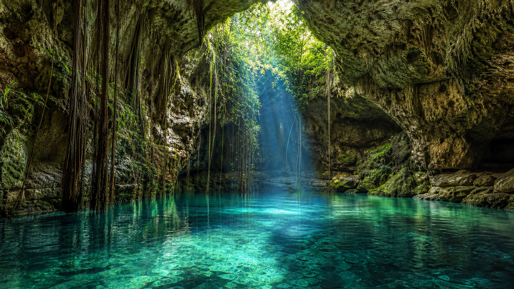 Cenote de agua turquesa entre rocas calizas y raíces en Yucatán