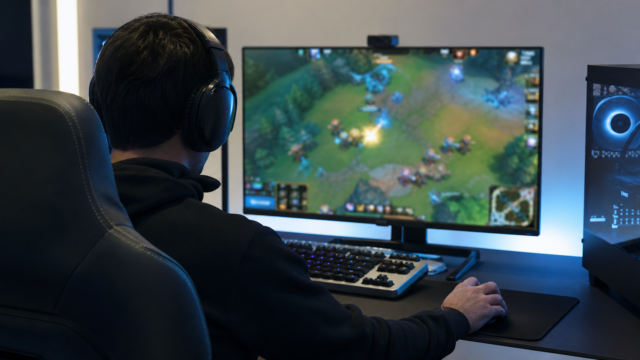 Jugador entrena en una estación de eSports con monitor y audífonos