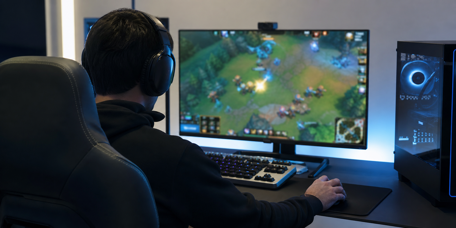 Jugador entrena en una estación de eSports con monitor y audífonos