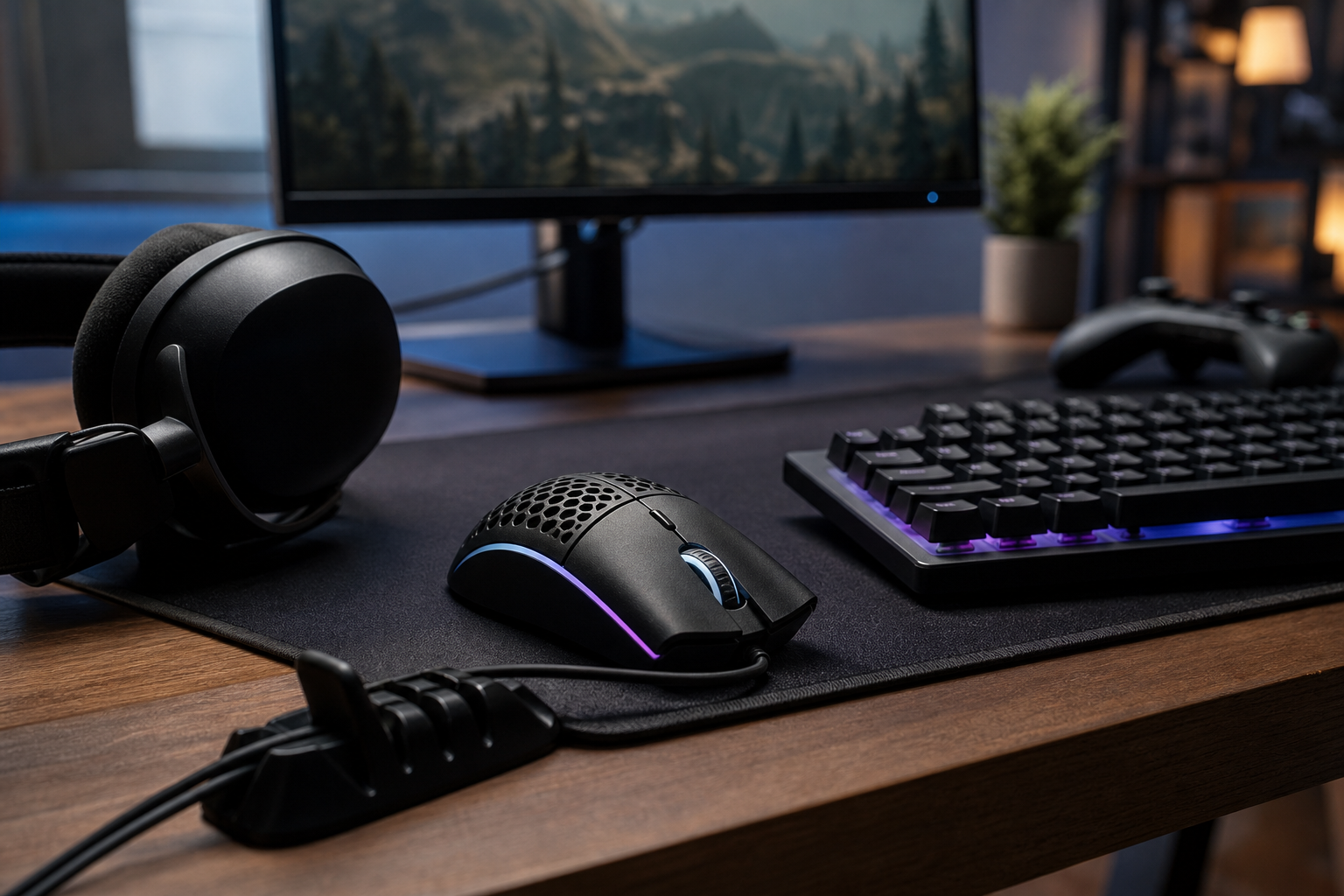 Mouse, teclado y audífonos para una estación de eSports