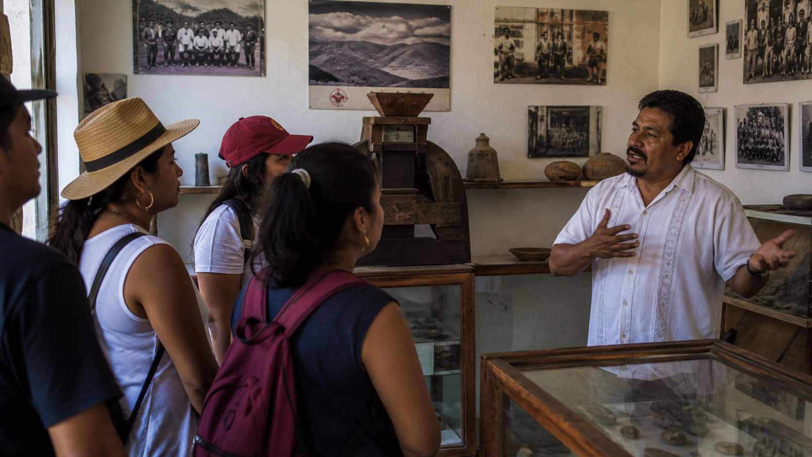Visitantes observan fotografías y objetos históricos en un museo comunitario mexicano