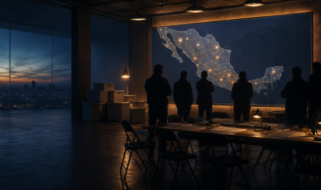Sala de estrategia electoral con figuras en silueta frente a un mapa iluminado de México, imagen editorial sobre las elecciones de 2027.