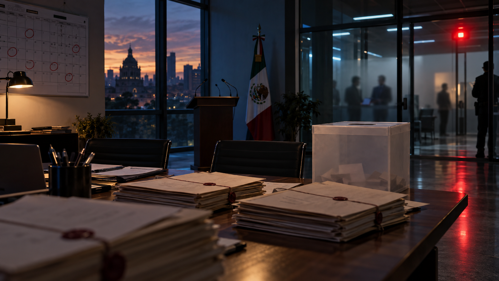 Calendario electoral de 2027 y documentos de seguridad institucional en una oficina electoral de México
